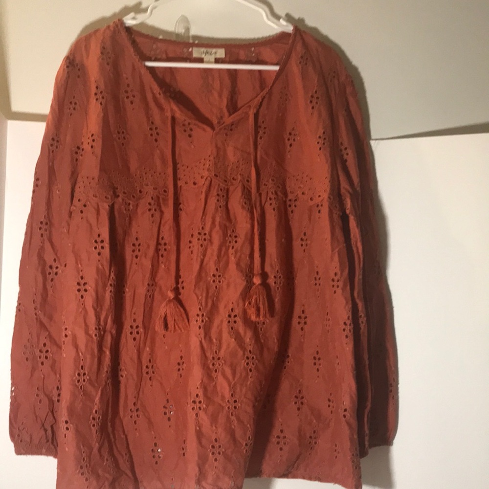 Style & Co long sleeve size large orange boho embroidered top
